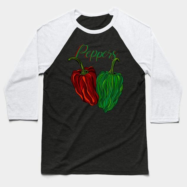 Peppers lettering, with drawn red & green peppers Baseball T-Shirt by DaveDanchuk